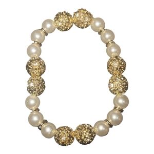 VINTAGE gold golden grandma tone rhinestone faux pearl beaded stretch bracelet